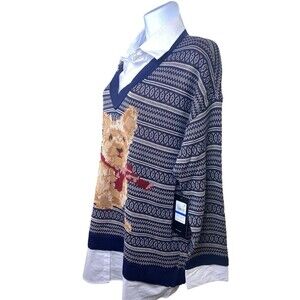 Jones New York Womens SCARFED DOG  V-NECK Winter Pullover Sweater BLUE BROWN XL